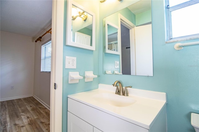 bathroom featuring vanity and hardwood / wood-style flooring