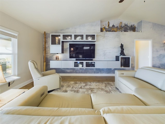 living room with hardwood / wood-style flooring and lofted ceiling