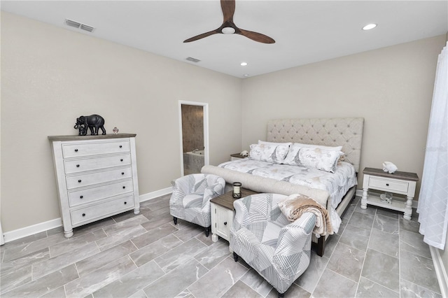 bedroom featuring ceiling fan and connected bathroom