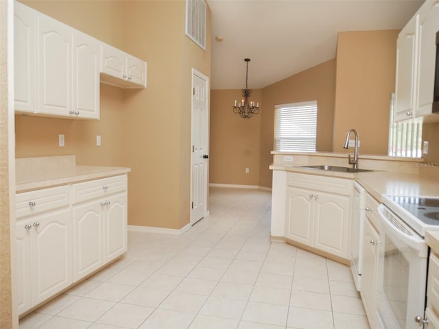 kitchen with sink, decorative light fixtures, vaulted ceiling, a notable chandelier, and white cabinetry