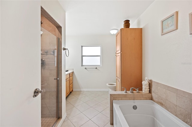 full bathroom featuring tile patterned flooring, vanity, separate shower and tub, and toilet