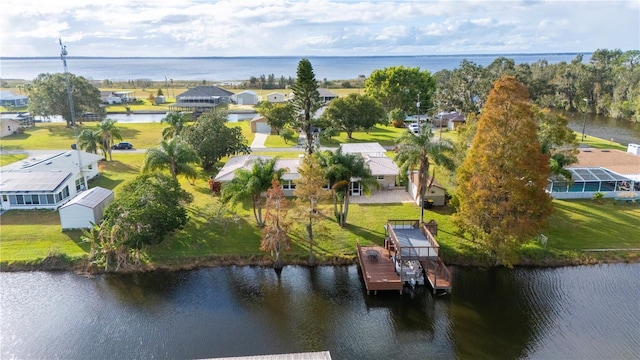 drone / aerial view featuring a water view