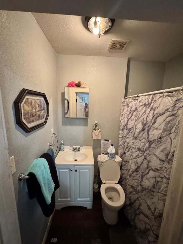 bathroom with curtained shower, vanity, a textured ceiling, and toilet