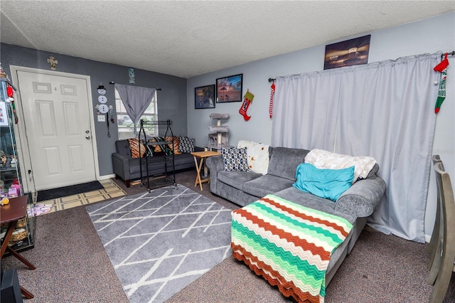 living room with dark colored carpet and a textured ceiling