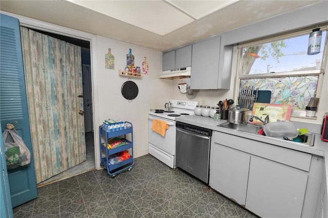 kitchen with electric stove, dishwasher, white cabinets, and sink