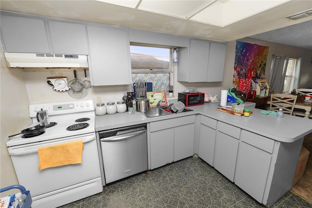 kitchen with kitchen peninsula, sink, dishwasher, and white electric stove