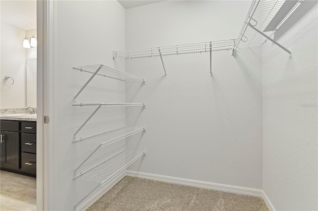 spacious closet with light carpet and sink