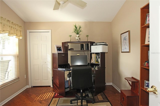 office with plenty of natural light, dark hardwood / wood-style floors, lofted ceiling, and ceiling fan