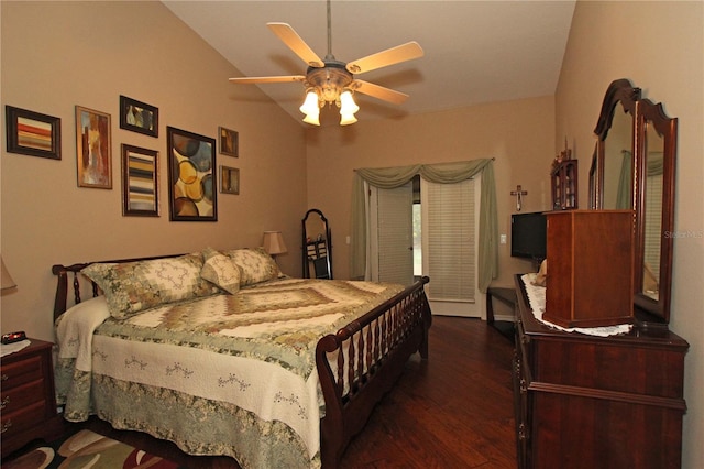 bedroom with ceiling fan, dark hardwood / wood-style floors, and lofted ceiling