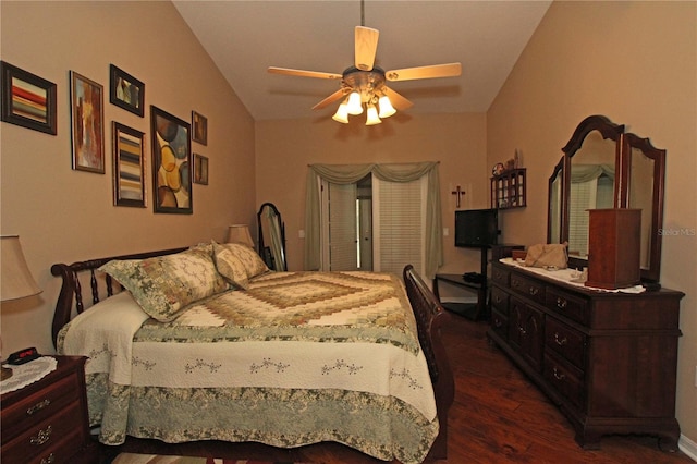 bedroom with ceiling fan, dark hardwood / wood-style flooring, and lofted ceiling