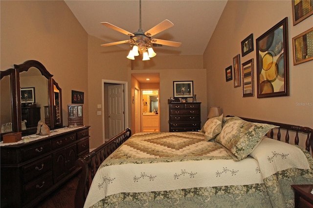 bedroom with connected bathroom, ceiling fan, and vaulted ceiling