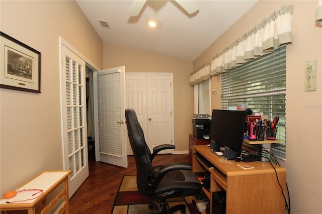 office with vaulted ceiling, ceiling fan, and dark wood-type flooring