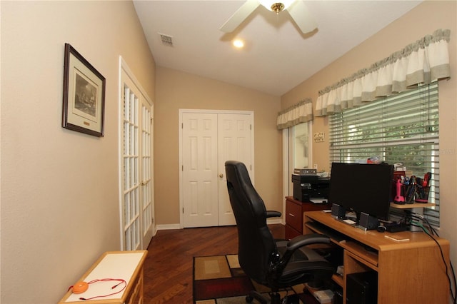 office featuring dark hardwood / wood-style floors, ceiling fan, and lofted ceiling