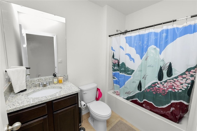 full bathroom featuring toilet, vanity, tile patterned floors, and shower / bathtub combination with curtain