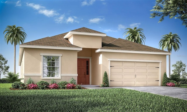 view of front facade with a front yard and a garage