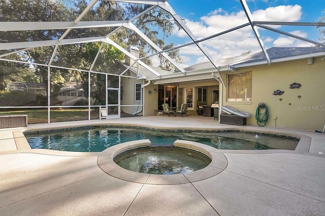 view of pool with a patio area, an in ground hot tub, and an outdoor living space