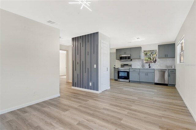 kitchen featuring visible vents, decorative backsplash, gray cabinetry, appliances with stainless steel finishes, and light wood-style floors