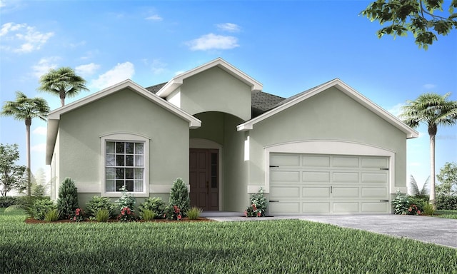 single story home featuring a front yard and a garage