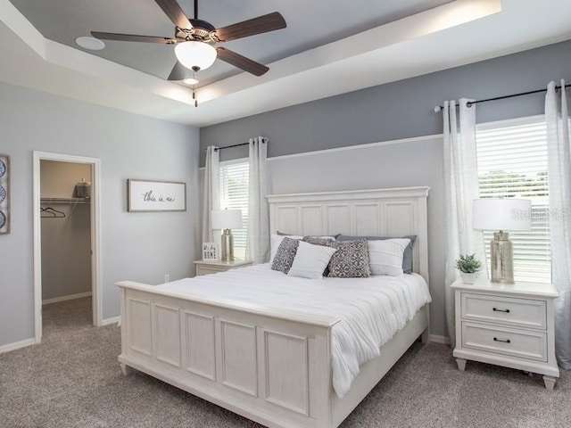 carpeted bedroom with a walk in closet, a closet, a raised ceiling, and ceiling fan