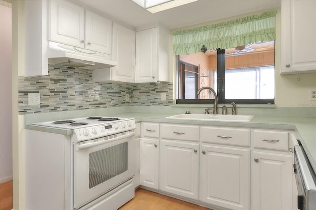 kitchen featuring sink, backsplash, white appliances, white cabinets, and light wood-type flooring