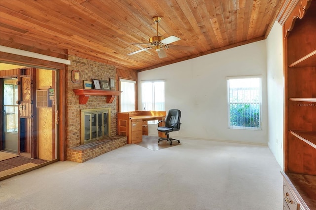 carpeted living room featuring wooden ceiling, a healthy amount of sunlight, and vaulted ceiling