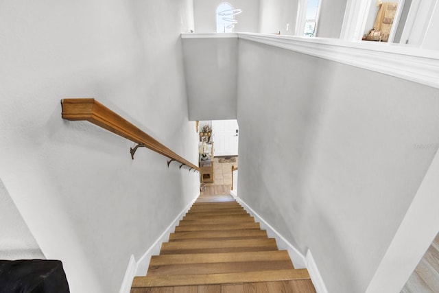 stairway with hardwood / wood-style flooring