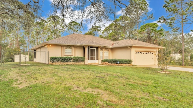 ranch-style home featuring a garage and a front lawn