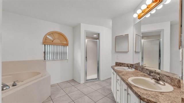 bathroom with vanity, separate shower and tub, and tile patterned floors