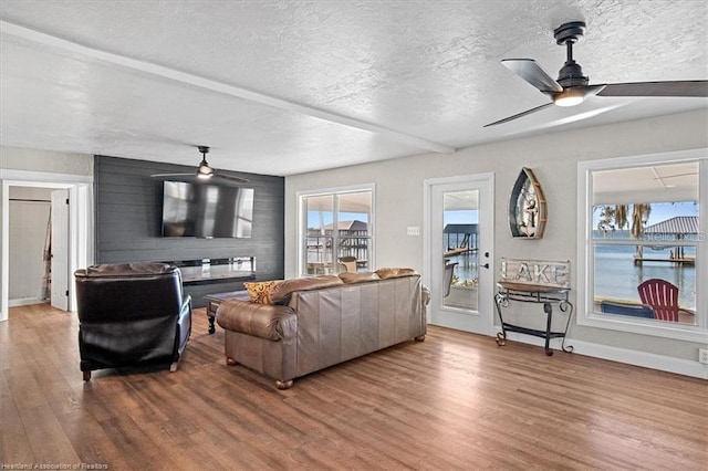 living room with ceiling fan, wood-type flooring, and a textured ceiling