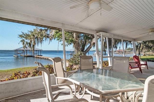 sunroom / solarium featuring ceiling fan and a water view