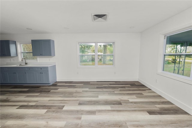 interior space with plenty of natural light, light hardwood / wood-style floors, and sink