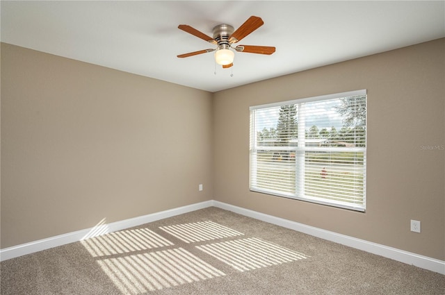 unfurnished room with ceiling fan and carpet