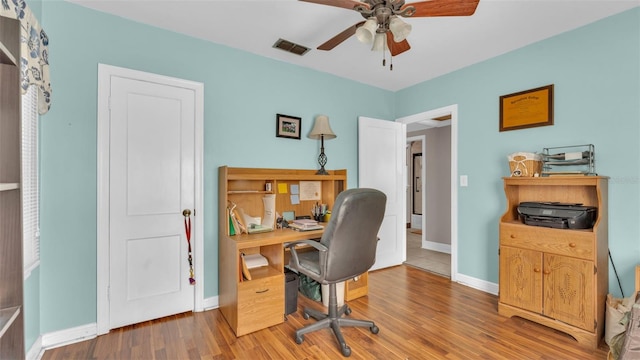 home office with ceiling fan and wood-type flooring