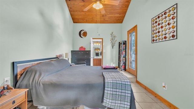 bedroom with wood ceiling, ceiling fan, vaulted ceiling, and light tile patterned floors