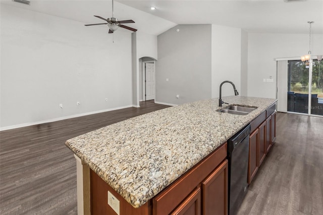 kitchen with dishwasher, lofted ceiling, a kitchen island with sink, dark wood-type flooring, and sink