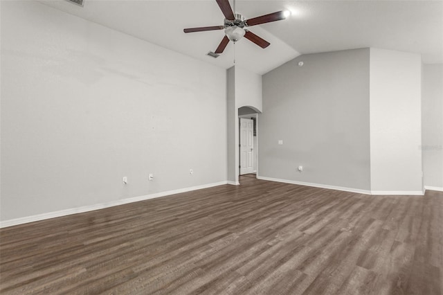 unfurnished living room with ceiling fan, dark hardwood / wood-style flooring, and lofted ceiling