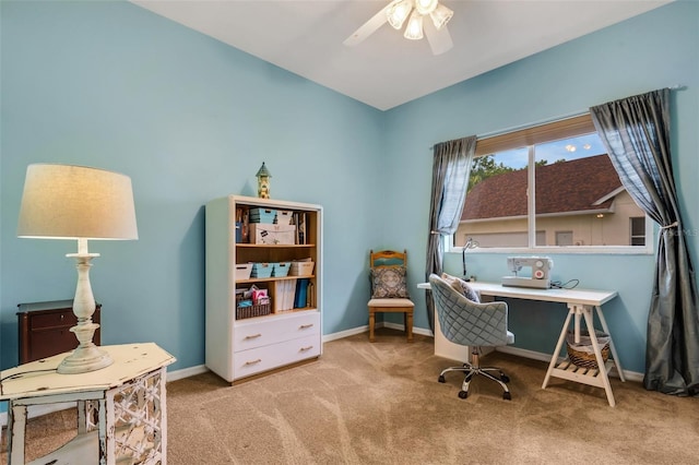 office area featuring carpet flooring and ceiling fan