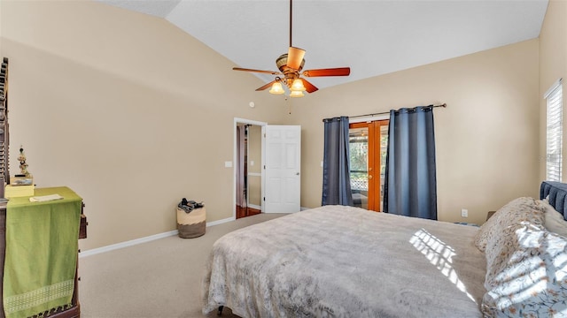 bedroom with multiple windows, ceiling fan, carpet floors, and vaulted ceiling