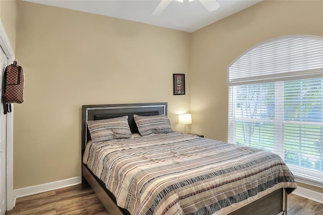 bedroom featuring ceiling fan and hardwood / wood-style floors