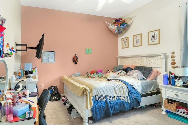 bedroom with ceiling fan and carpet floors