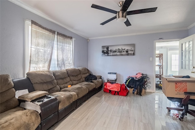 living room with a wealth of natural light, crown molding, ceiling fan, and light hardwood / wood-style floors