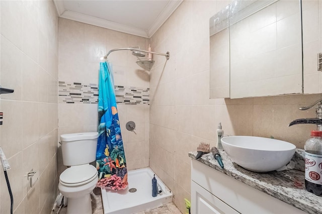 bathroom featuring vanity, crown molding, toilet, walk in shower, and tile walls