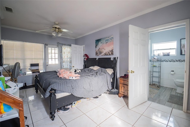 tiled bedroom with multiple windows, ceiling fan, and crown molding