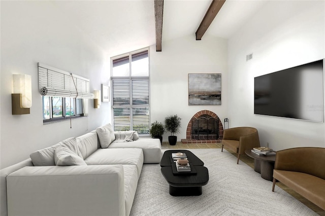 living room with a fireplace and lofted ceiling with beams