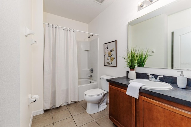 full bathroom featuring toilet, shower / tub combo with curtain, tile patterned floors, and vanity