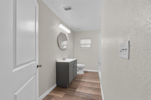 bathroom featuring vanity, wood-type flooring, and toilet