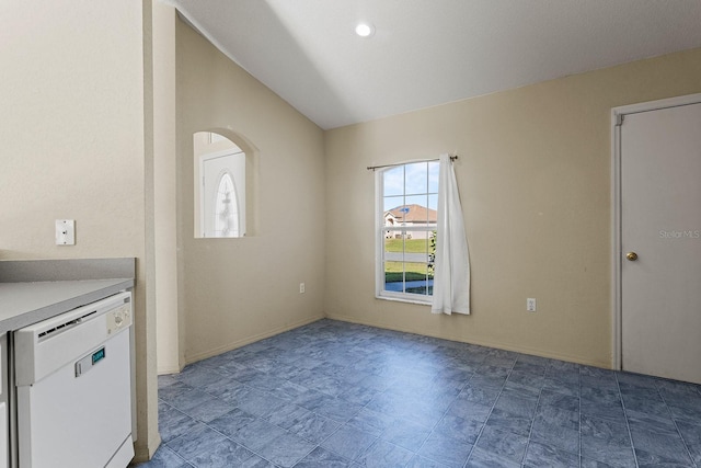 interior space with white dishwasher and lofted ceiling