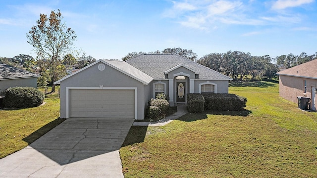 ranch-style home featuring a front lawn and a garage