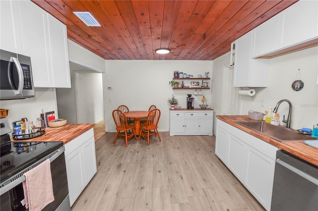 210 Wilder Rd, Lakeland, FL 33809 - kitchen featuring white cabinets, sink, butcher block countertops, wood ceiling, and stainless steel appliances
