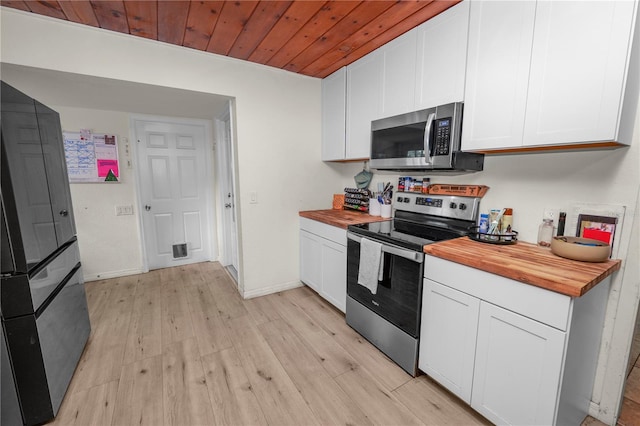 210 Wilder Rd, Lakeland, FL 33809 - kitchen with white cabinets, stainless steel appliances, butcher block counters, and wood ceiling